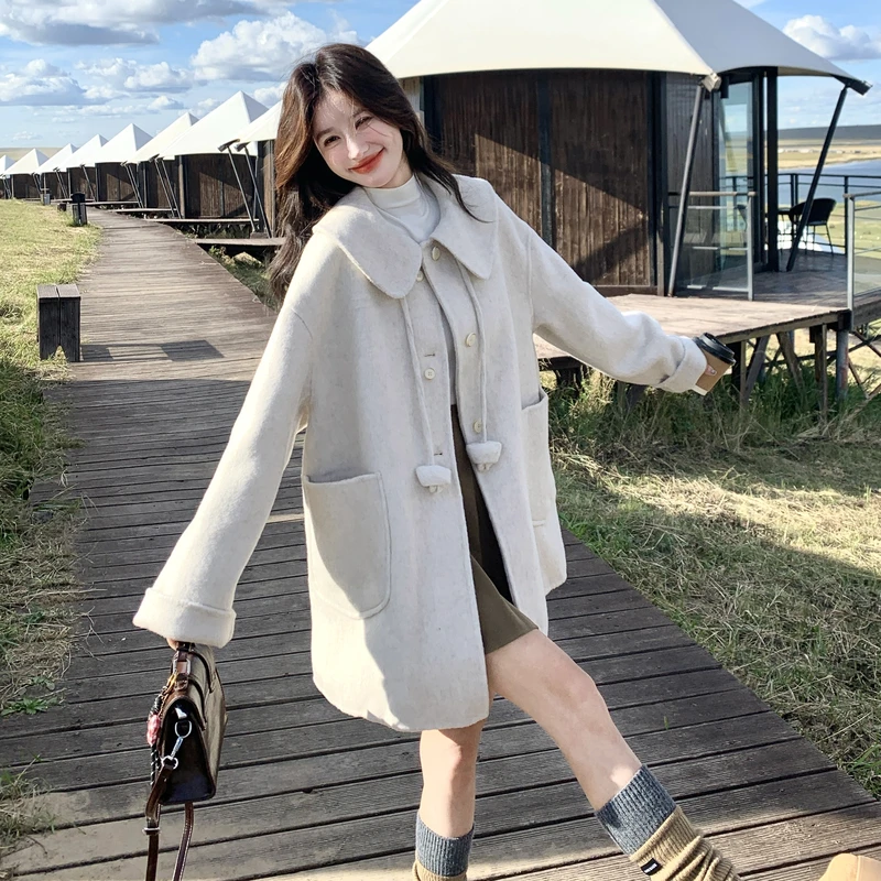 娃娃领撞色双面羊绒大衣女冬2025新款小个子韩版宽松减龄呢大衣