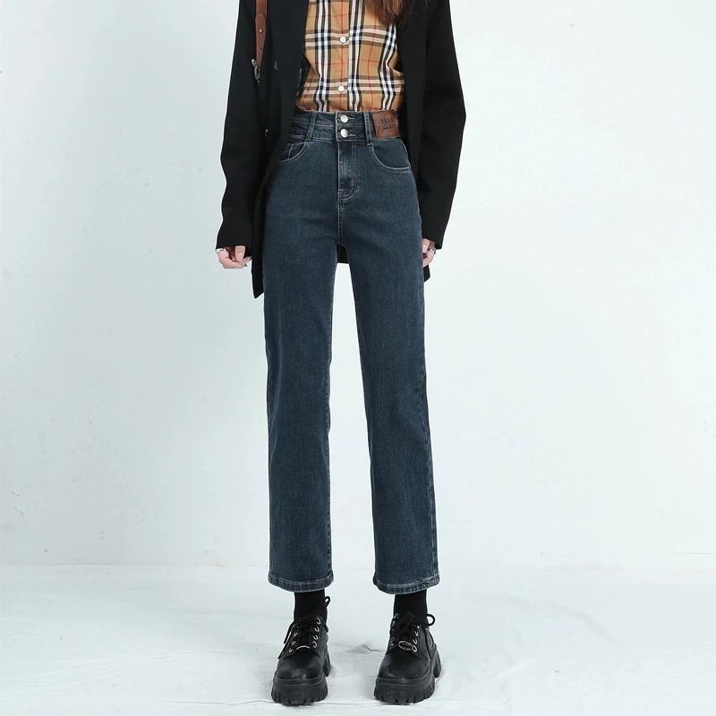 2025年春秋经典百搭高腰显瘦蓝灰色牛仔裤小直筒九分烟管裤
