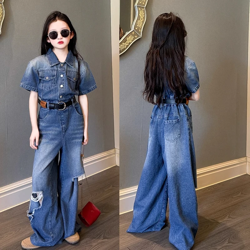 女童夏季薄款牛仔连体裤套装洋气时髦童装网红炸街中大童韩范潮童