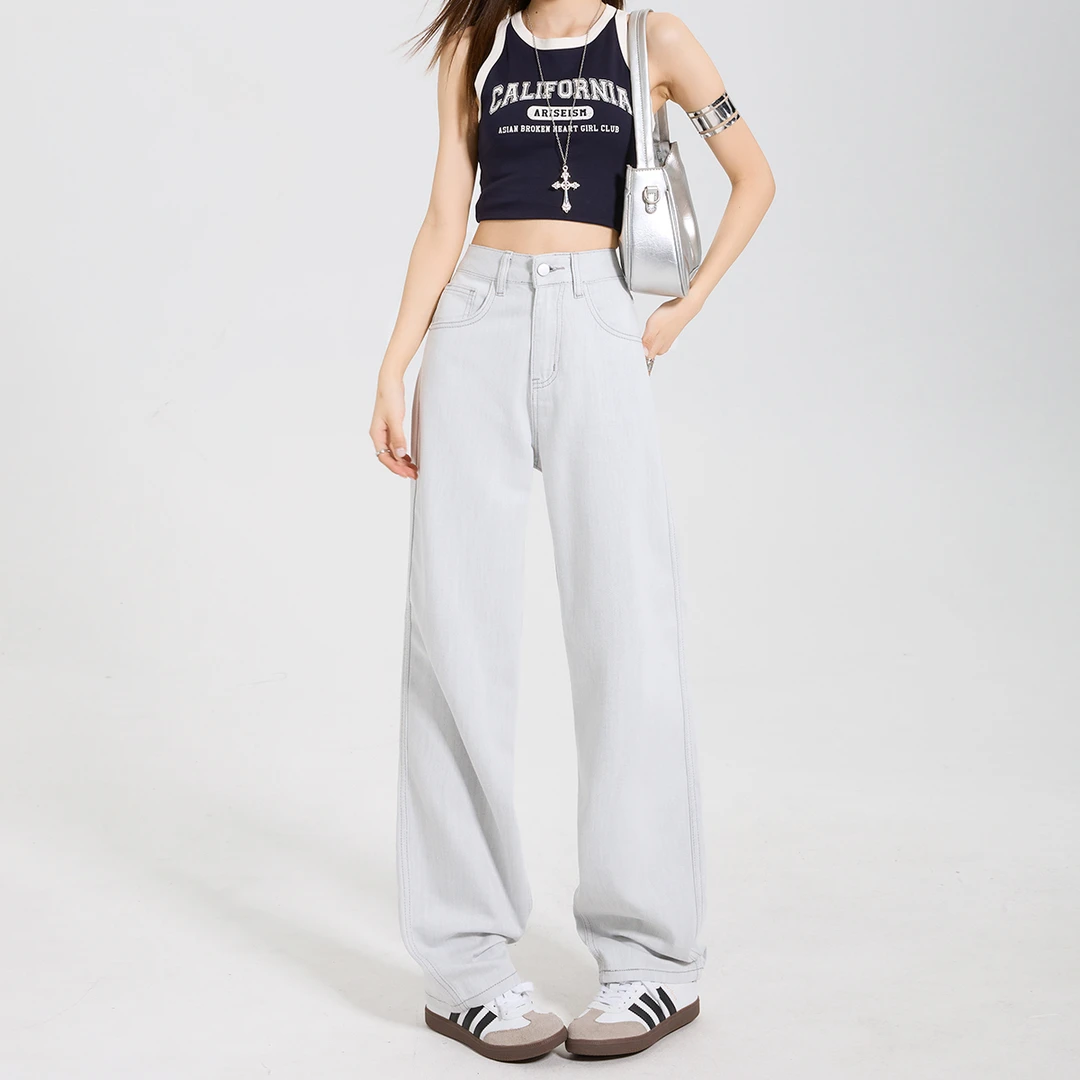 莫兰灰窄版阔腿牛仔裤女2025春夏新款宽松直筒显瘦高腰百搭拖地裤