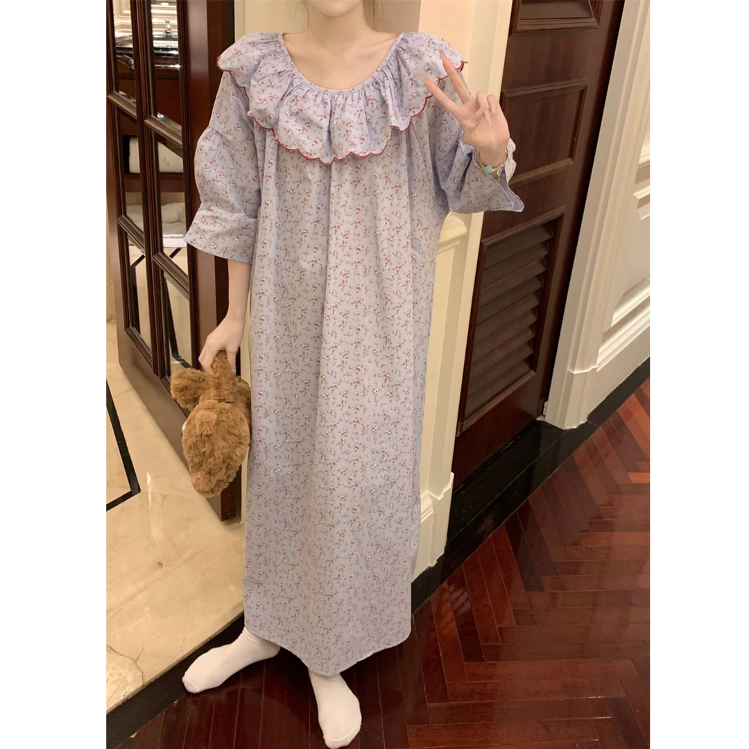 复古碎花七分袖纯棉长款睡衣春夏季女睡裙甜美薄款圆领宽松家居服