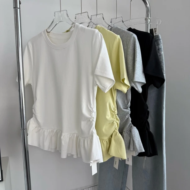 荷叶边短袖～法式复古圆领下摆荷叶边芭蕾舞透气软糯短袖纯色HZ