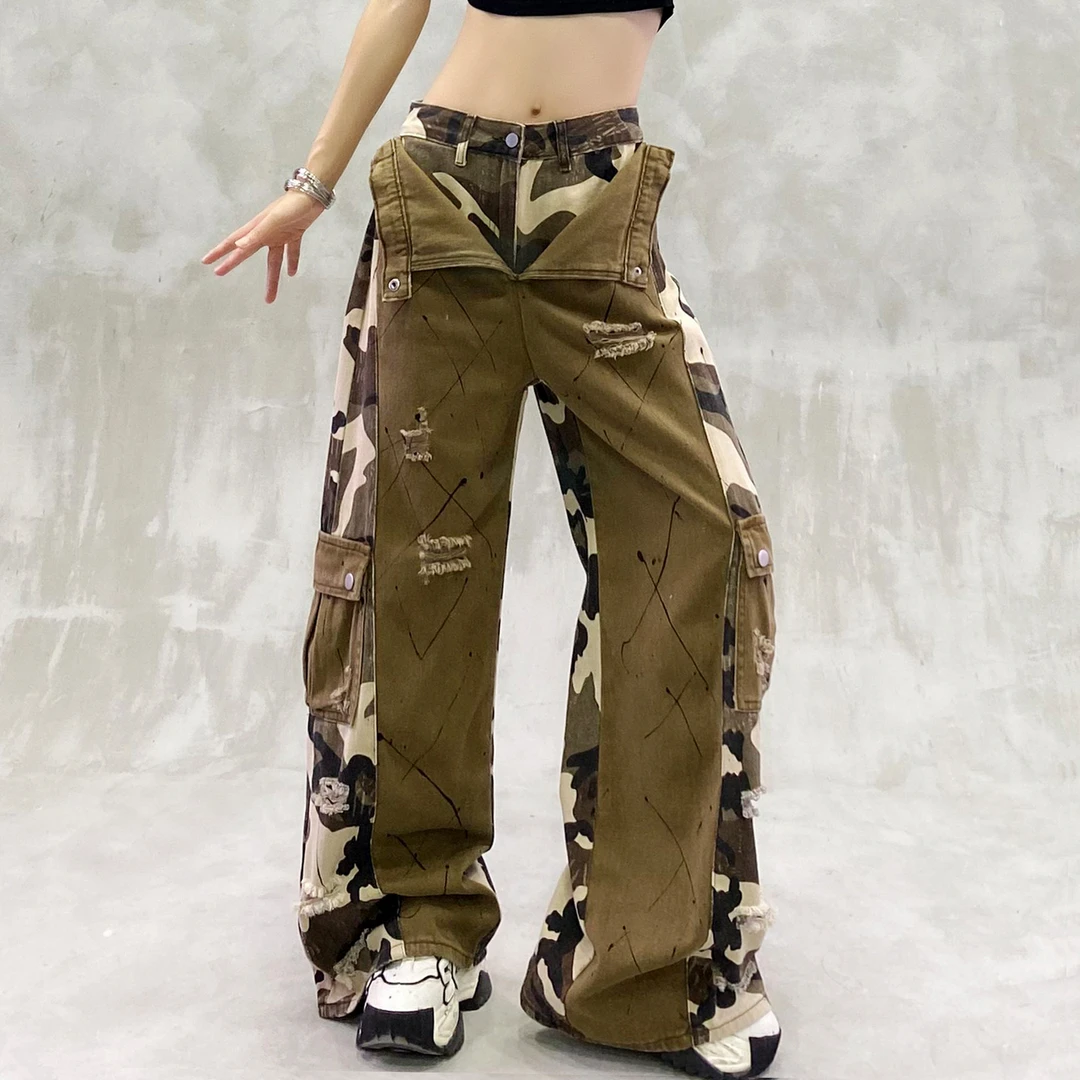 腰身拼接设计破洞工装牛仔裤女夏新款高腰宽松显瘦百搭直筒阔腿裤