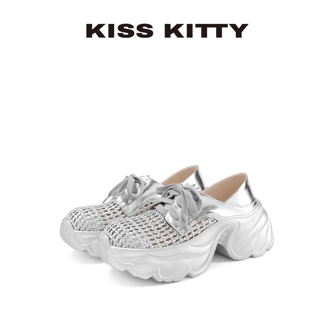 KISSKITTY【清仓特价】镂空渔网老爹鞋25年秋季薄款透气银色女鞋增
