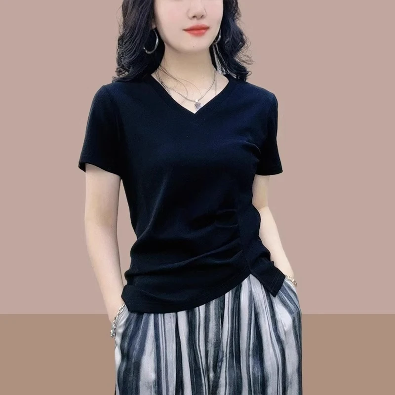 v领短袖t恤女夏季2025年新款不规则上衣时尚洋气减龄显瘦正肩体恤