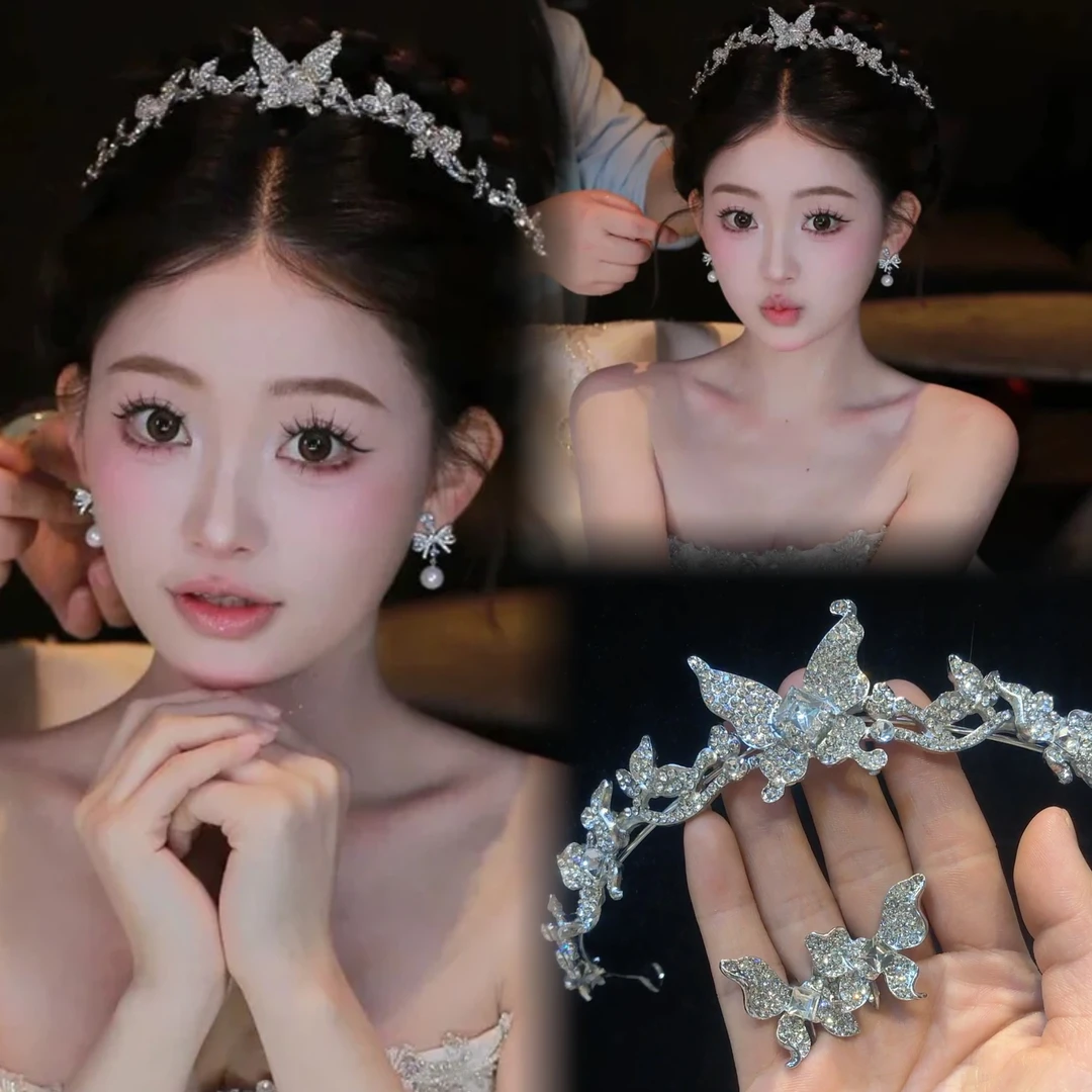 森系高级感新娘皇冠简约灵动蝴蝶公主王冠主婚纱造型精致甜美头饰