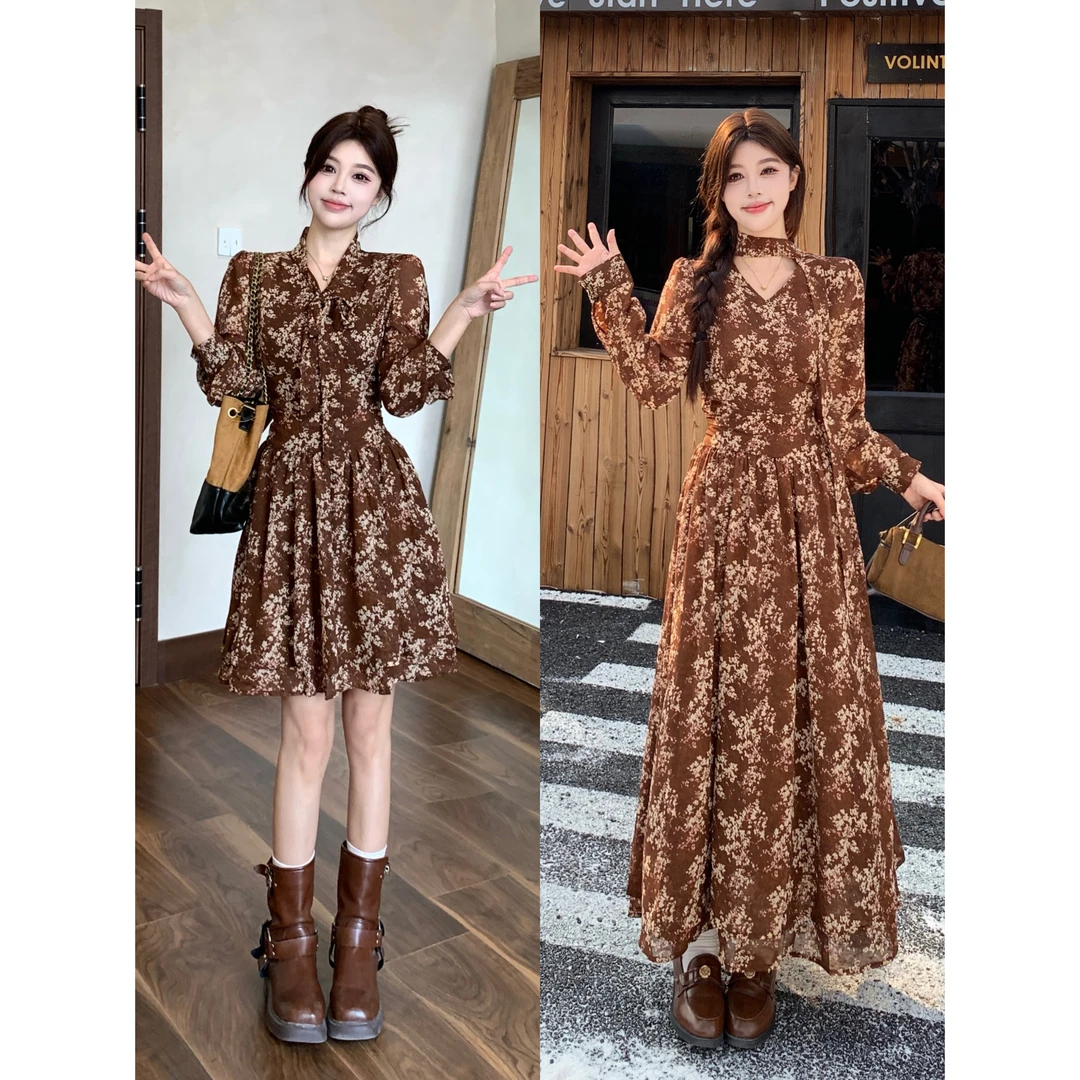 大码2025秋冬新款茶歇法式气质老钱风碎花连衣裙子显瘦百搭长裙女