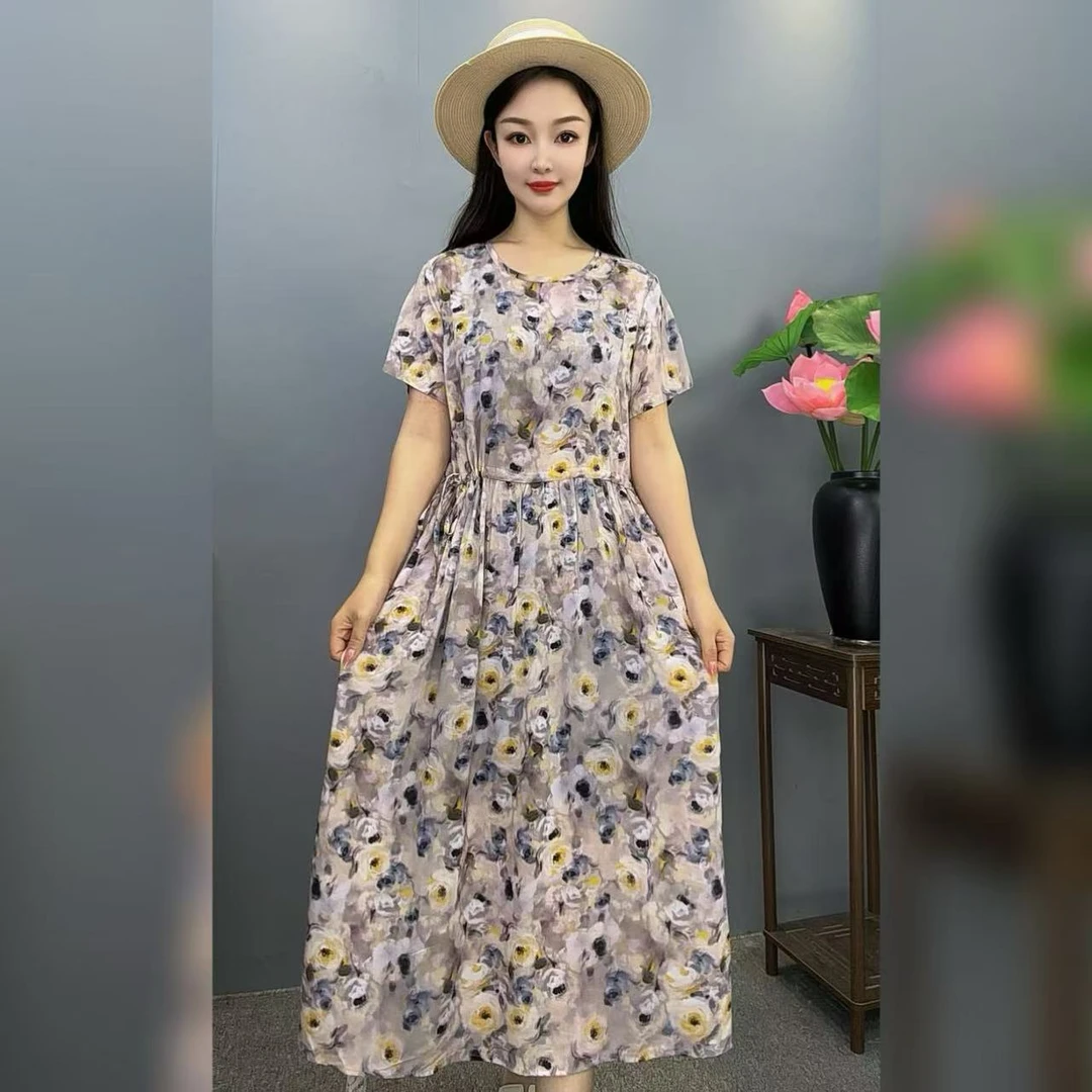 【木棉】夏季新款棉绸连衣裙时尚洋气短袖宽松中长款人造棉