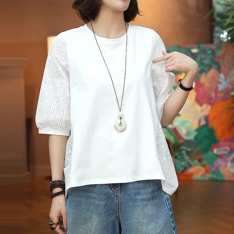 简约设计感时髦女装法式上衣2025夏气质宽松遮肉显瘦中袖减龄小衫