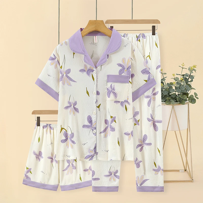 【紫色百合花拍一发三】睡衣女士套装夏春季舒适宽松短袖长裤家居服