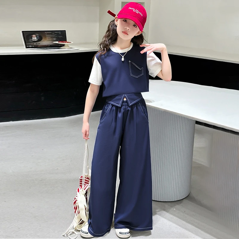女童夏装休闲套装2025新款洋气薄款童装女孩夏季短袖阔腿裤两件套
