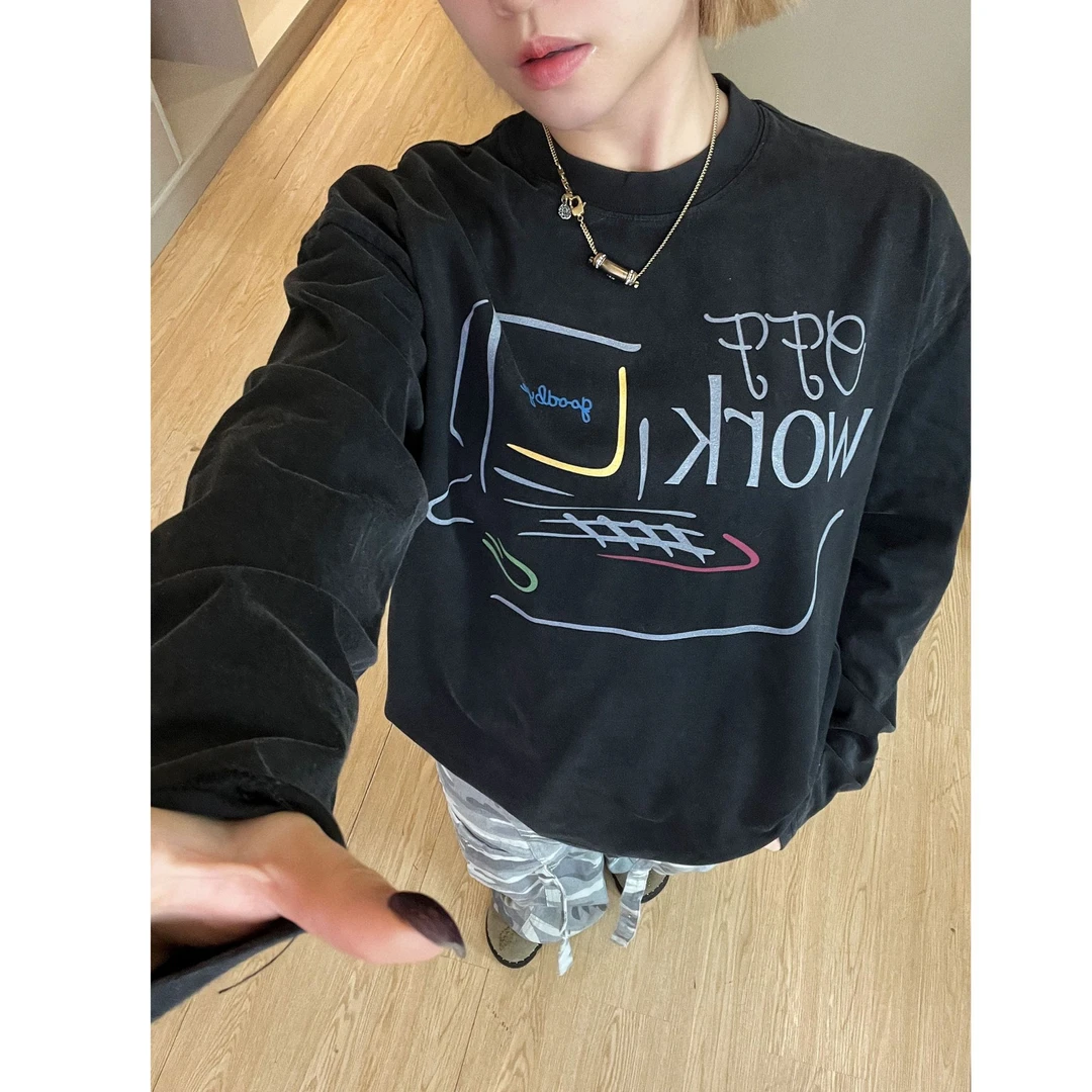【再见办公室】美式休闲设计感小领口宽松字母印花长袖T恤hiphop