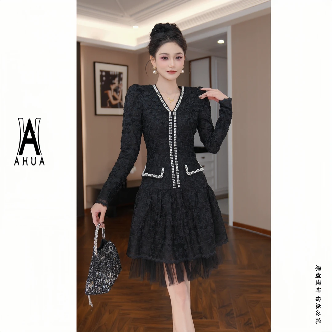 【花花原创】小香风气质收腰千金风连衣裙长袖小个子黑色45362