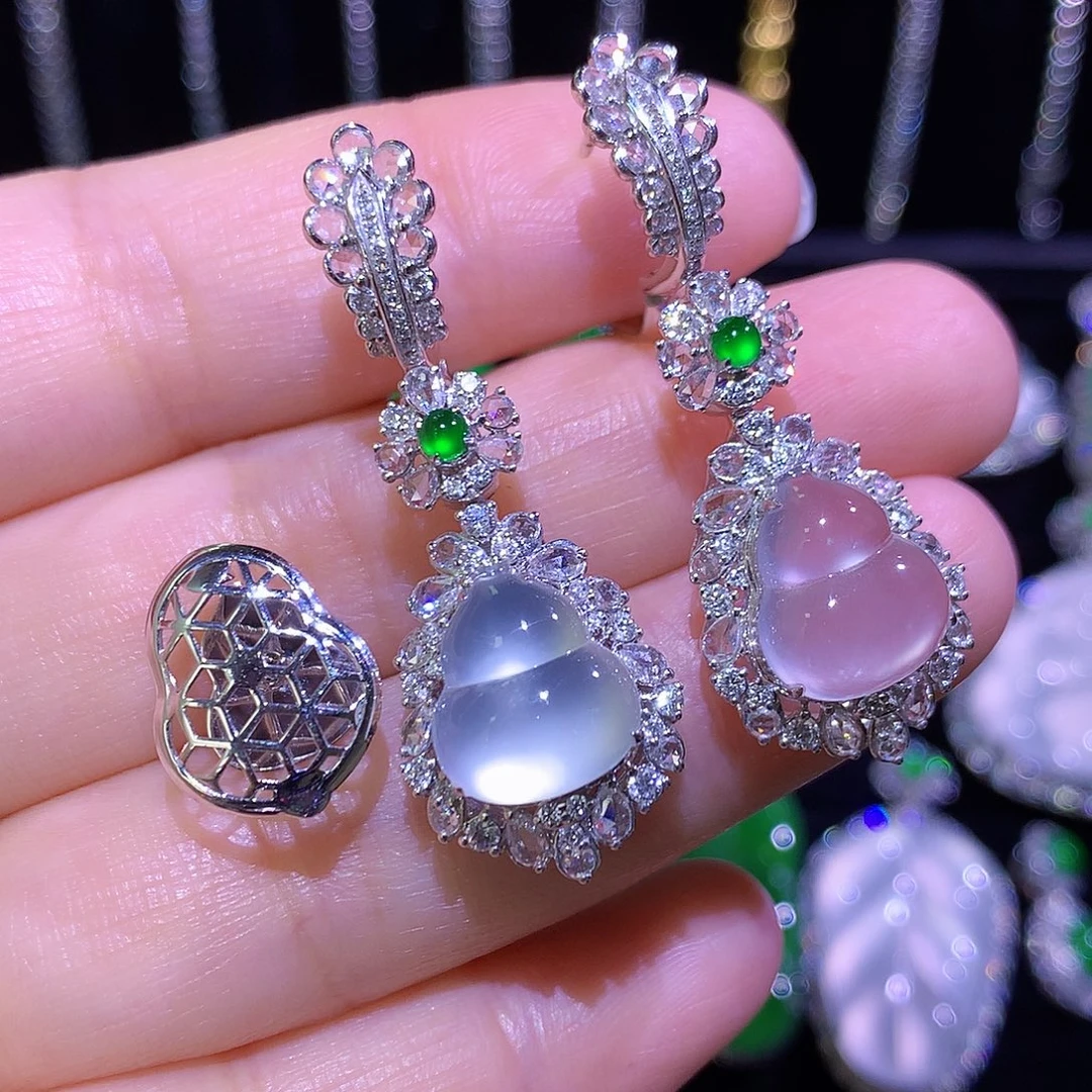 翡翠18K金镶嵌耳饰玻璃种极光葫芦后盖可拆卸多用款