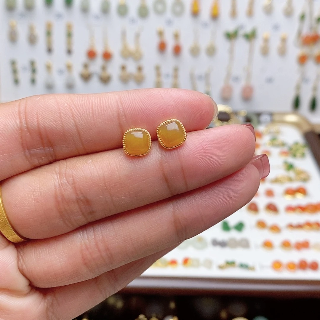 和田玉银S925镶嵌耳饰