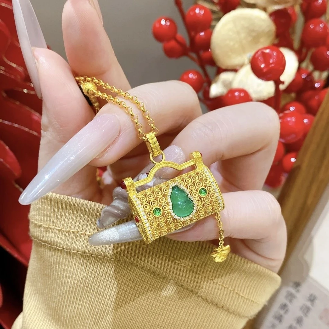 铜合金吊坠 新中式国潮风绿葫芦长命锁镂空花丝坠链轻奢锁骨链