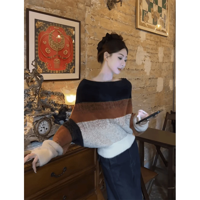 针织衫慵懒风高级感黑橘拼色毛衣秋冬女款内搭可外穿百搭宽松上衣