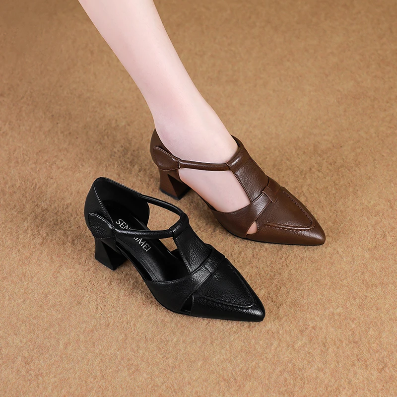 新款时装凉鞋女/牛皮/33-41/9603尖头粗跟透气罗马时尚百搭女鞋