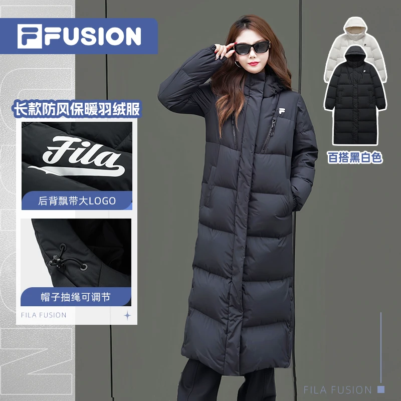 Fila/斐乐潮流长款女款冬季保暖羽绒服宽松外套休闲连帽鸭绒服