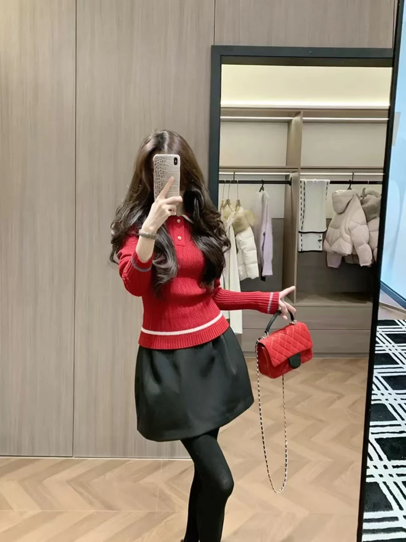 秋冬新款高级感翻领针织衫长袖上衣气质百搭显瘦短裙漂亮出片衣服