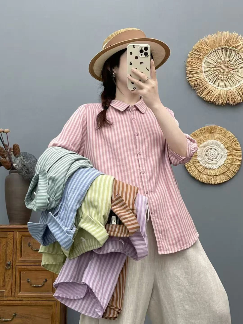 宽条纹春夏双层棉纱五分袖大码韩版衬衣减龄粗条纹宽松休闲衬衫