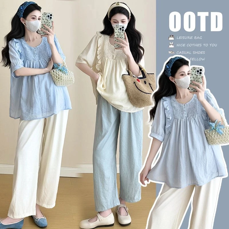 孕妇新款2025春夏洋气时尚孕妇短袖上衣九分奶奶裤韩版两件套薄款