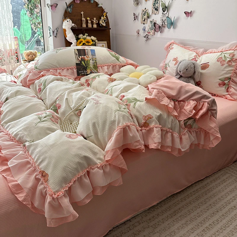 法式复古少女田园小碎花水洗四件套荷叶花边被套学生床单三件套