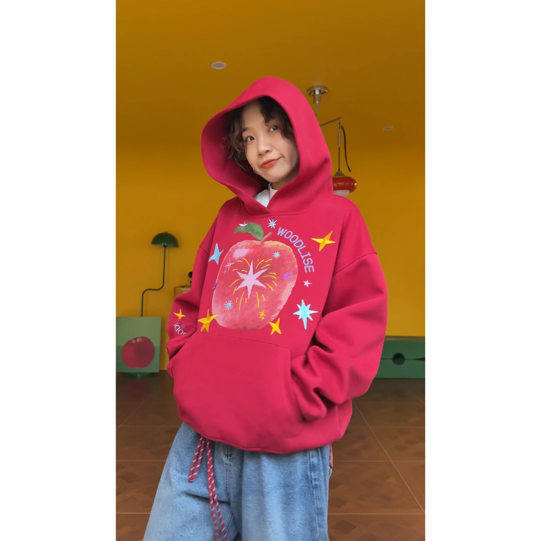 （苹果）美式复古小众原创设计撞色小领口卫衣连帽宽松慵懒风情侣