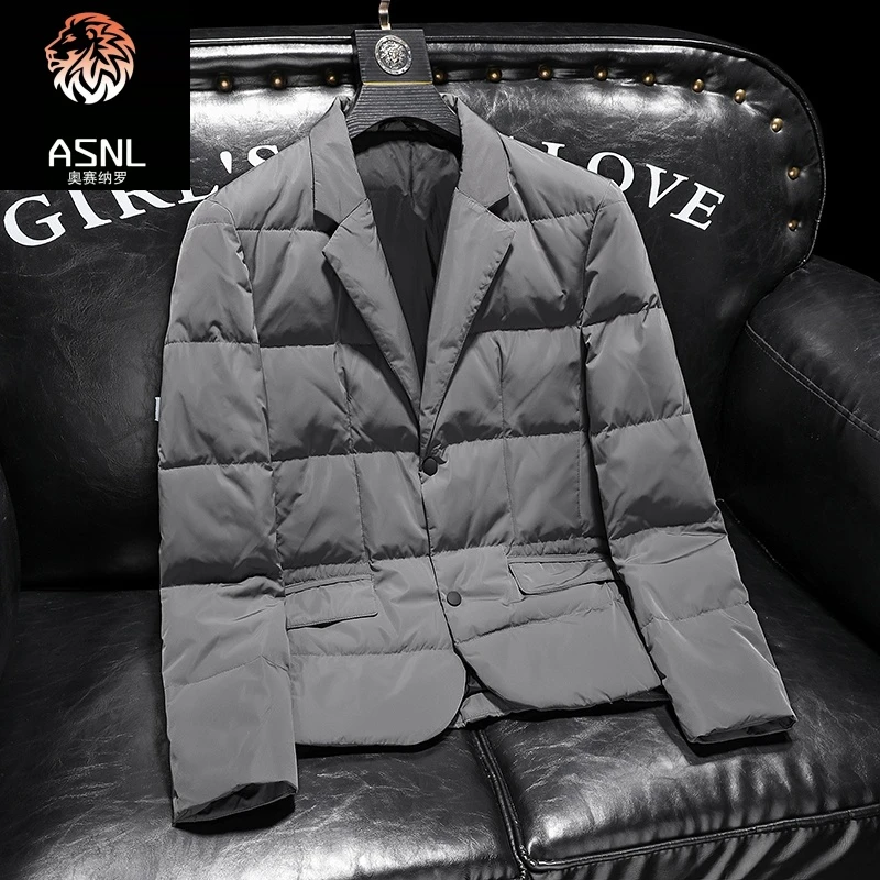 冬季新款欧美简约西装男商务休闲时尚修身纯色羽绒西服外套