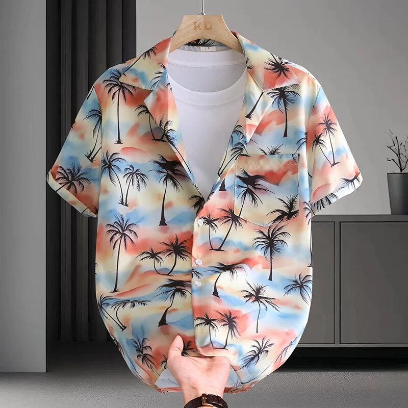 上衣短袖男士度假花衬衫夏季薄款沙滩旅行宽松印花男士潮流衬衣