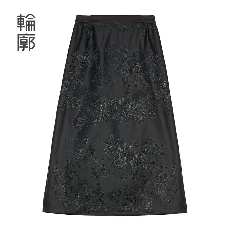 轮廓微尘里中式提花半身裙时尚休闲复古一步裙气质百搭黑L251Q001