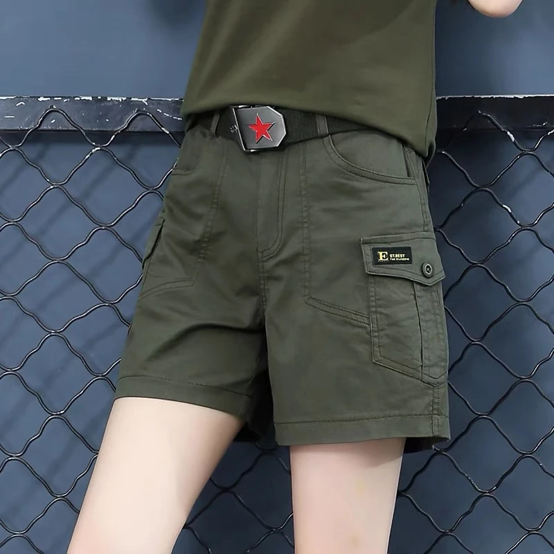 夏季新款高腰工装短裤女薄款透气军绿色大码裤子直外迷彩直筒短裤