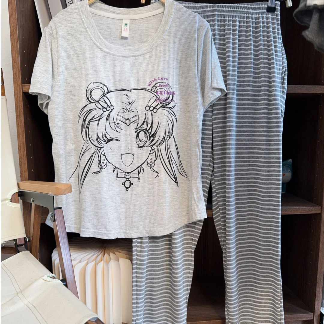 卡通美少女~短袖带胸垫女士可外穿家居服套装