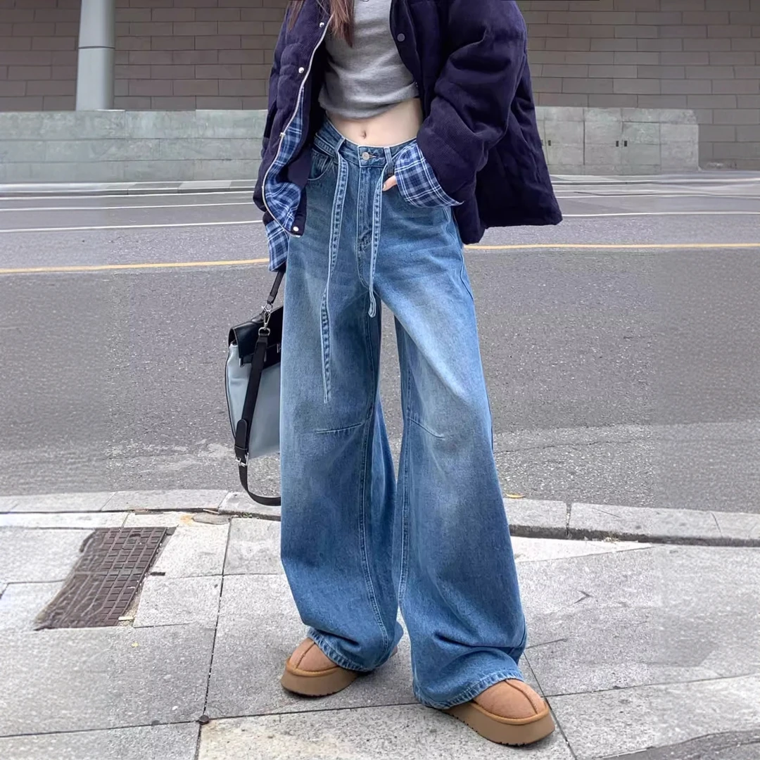 美式高街设计感绑带阔腿牛仔裤女2025年春秋季宽松显瘦直筒拖地裤