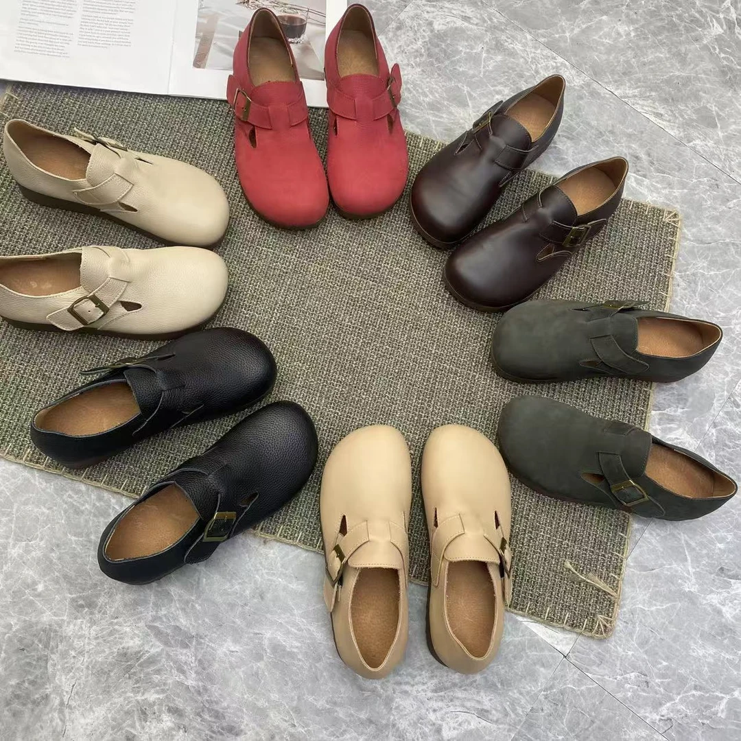 真皮新款春秋女勃肯鞋女头层牛皮圆头懒人纯色厚底单鞋博肯鞋
