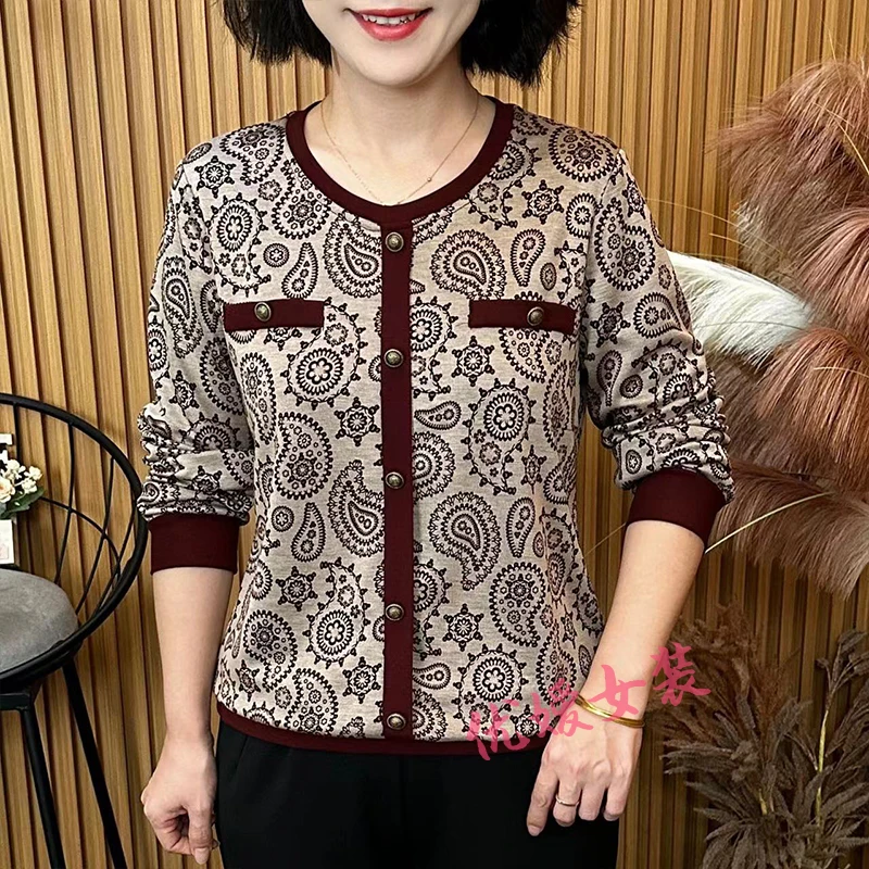 妈妈装秋季时尚圆领腰果花宽松显瘦遮肚洋气中老年女装长袖上衣