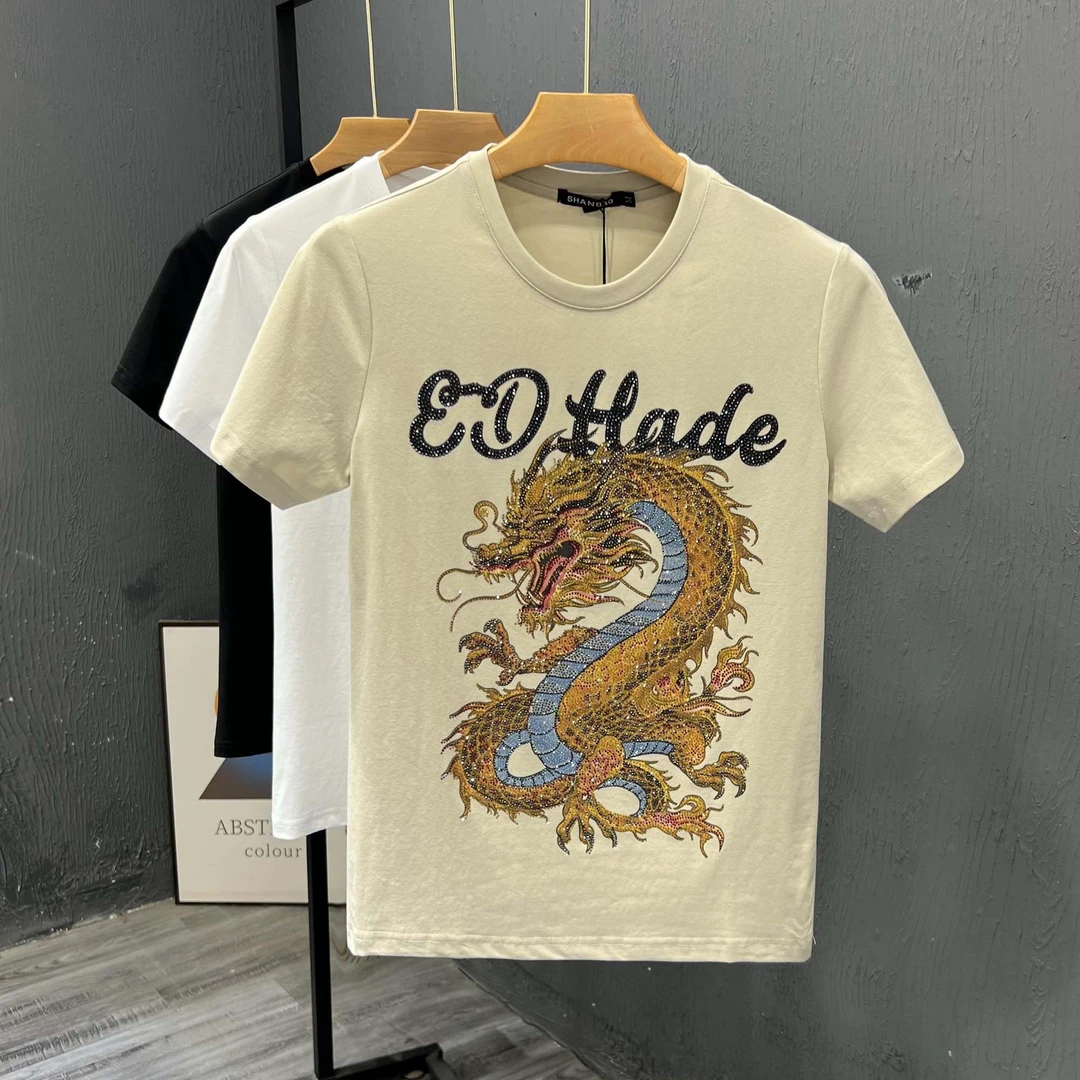 潮牌高端龙年烫钻男士短袖T恤夏季潮休闲时尚百搭青年宽松半截袖