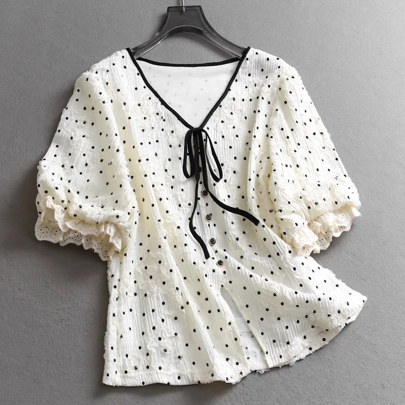 波点蕾丝边韩版高级感系带衬衫女士夏季新款小清新短袖大码上衣潮