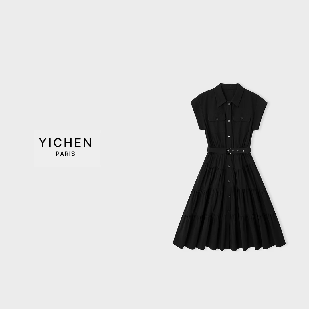 YC 赫本风翻领无袖单排扣中长款收腰小黑裙-1540