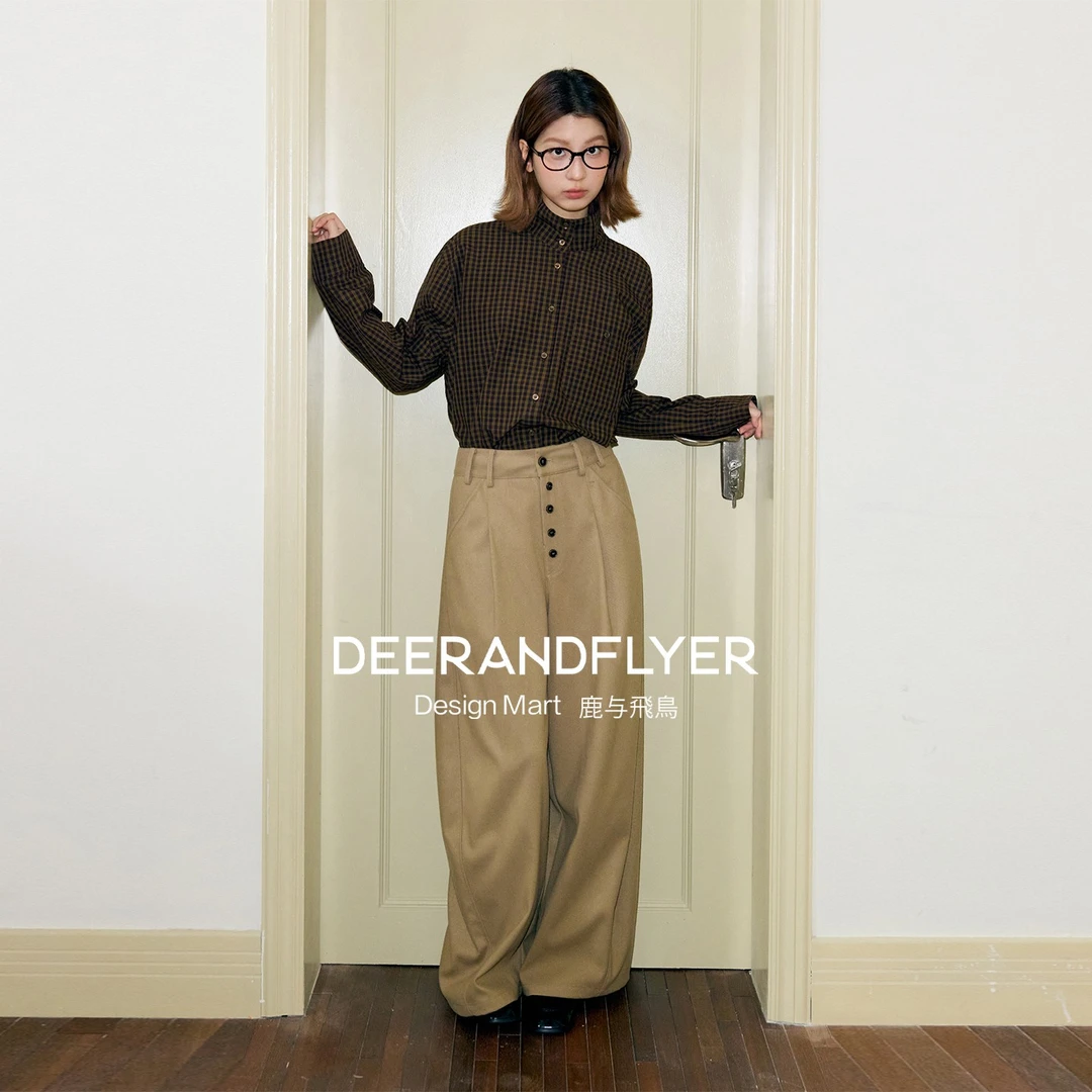 鹿与飞鸟“橡木白杏”排扣设计A字双褶两色轻薄毛呢休闲裤7178