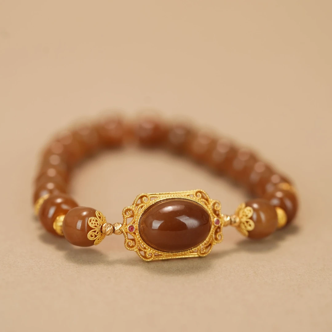 毕业级 和田玉糖料18K金镶手串 H18623