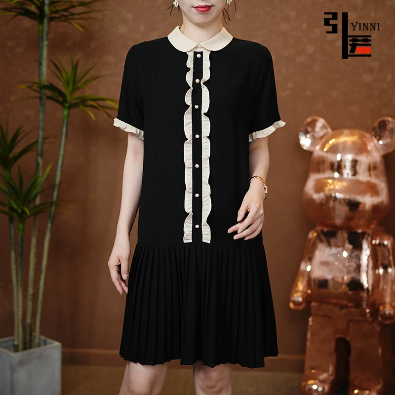 引匿(现货)A084时尚木耳边百褶摆气质复古法式女装连衣裙 2025夏