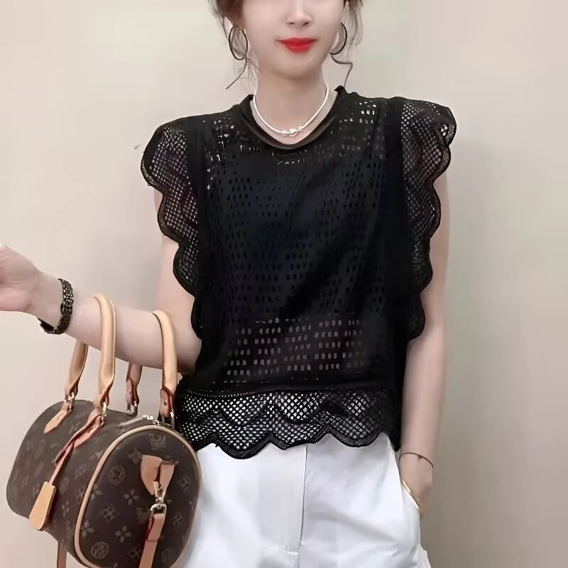 圆领镂空花边小飞袖T恤女2025夏季新款网红爆款韩版小众百搭上衣