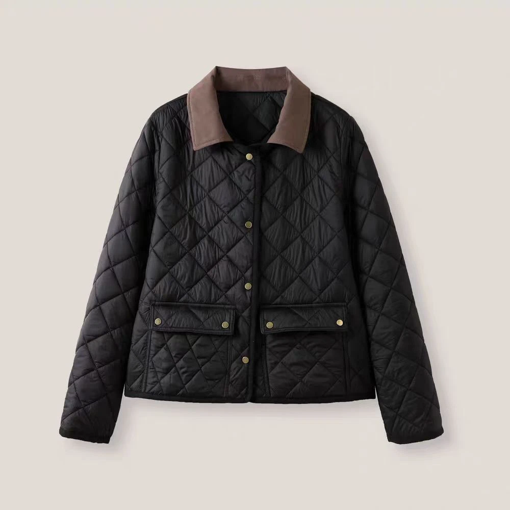 厚款休闲女棉衣菱格拼接翻领短款女士简约短款棉服