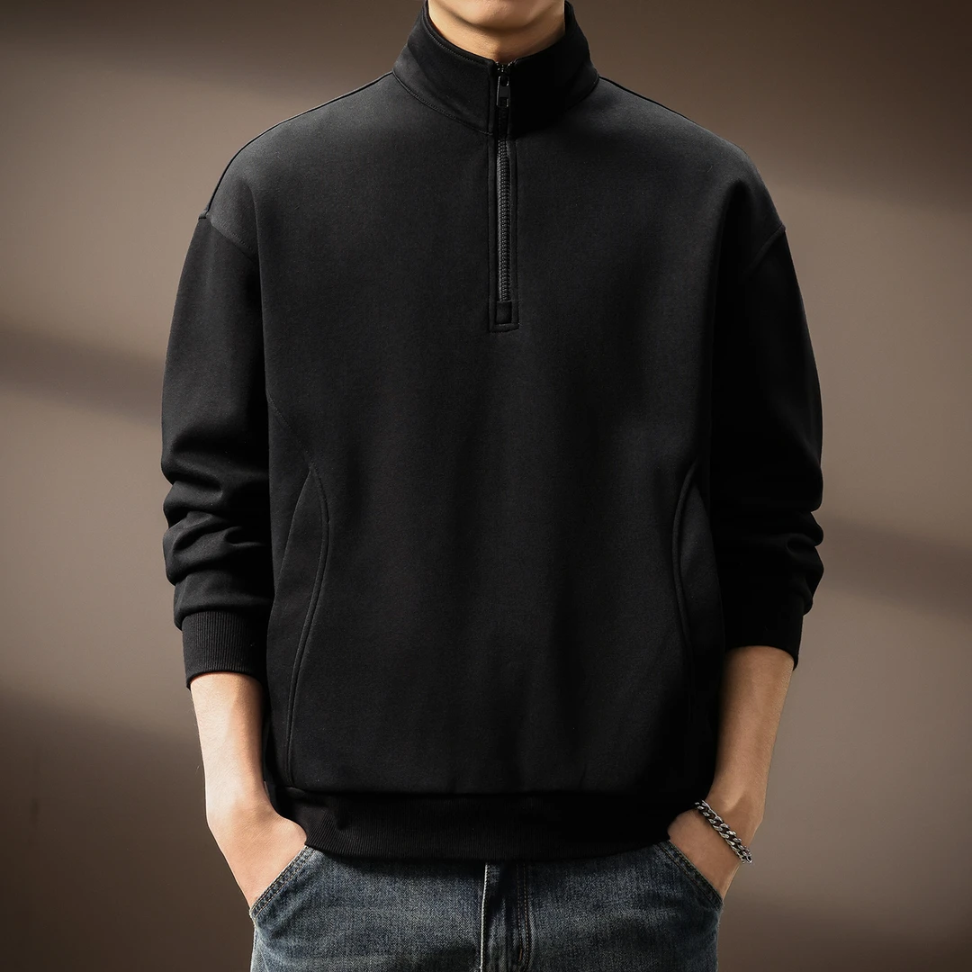高端时尚百搭半拉链立领卫衣男士秋冬潮牌纯色简约休闲宽松上衣男