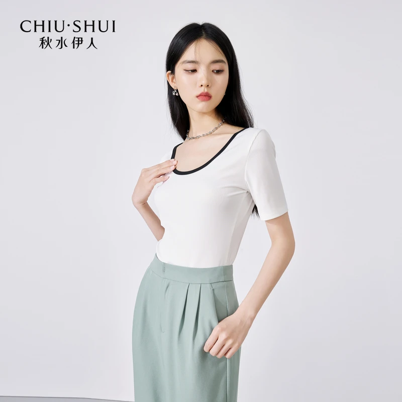 【林一专属】秋水伊人简约撞色圆领经典百搭T恤2023年夏季新款女装