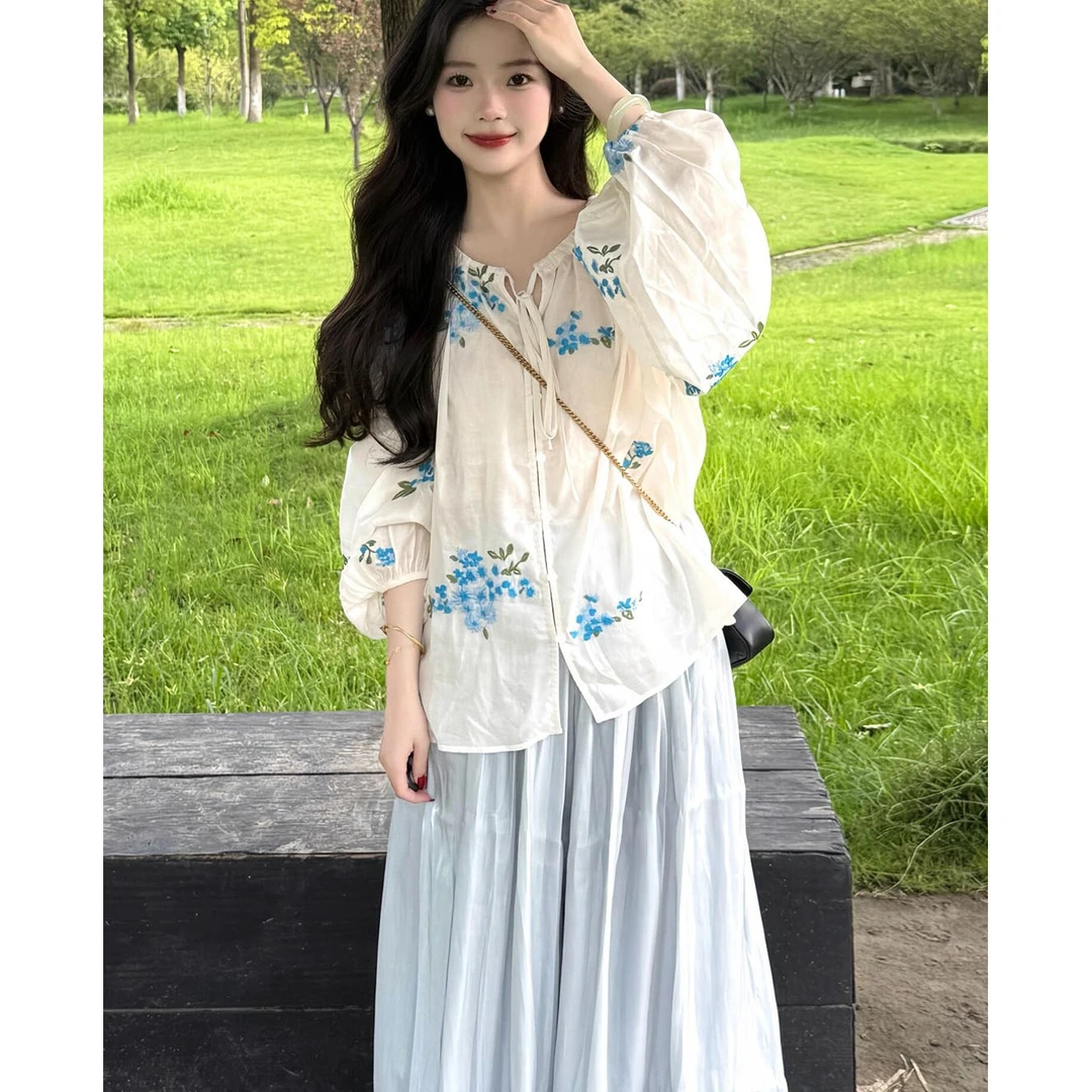 韩系碎花衬衫女装高级感轻奢减龄洋气早秋穿搭2025新款半身裙套装