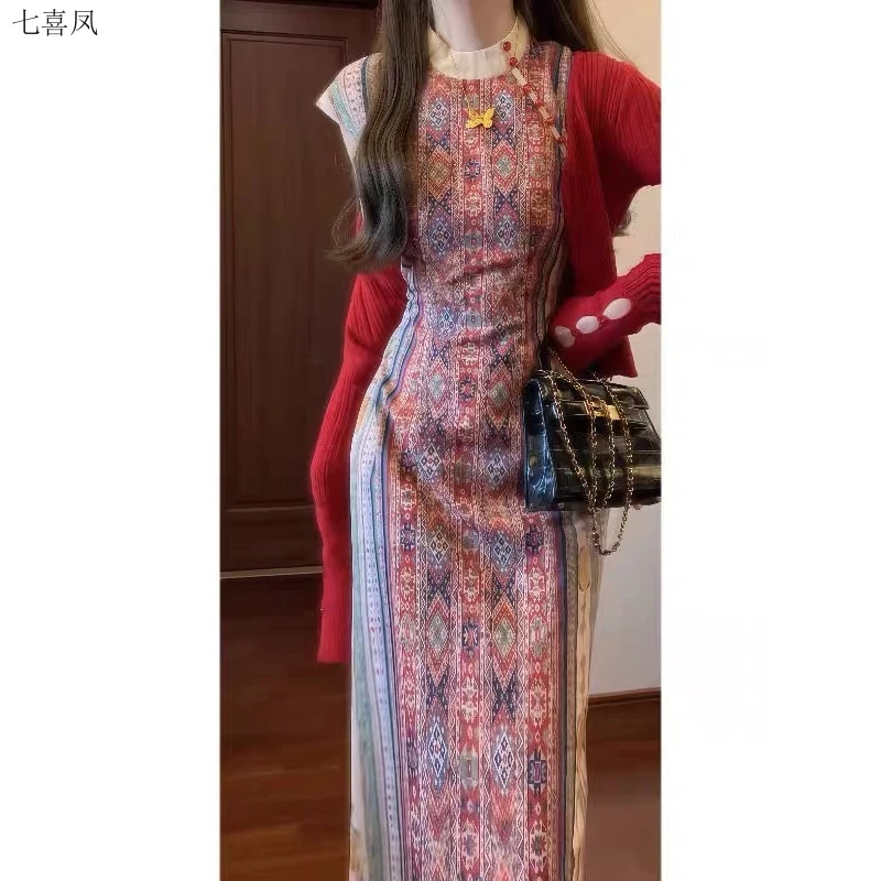 旗开得胜新款民族风七喜凤短袖圆领旗袍裙长连衣搭配两件套夏季高