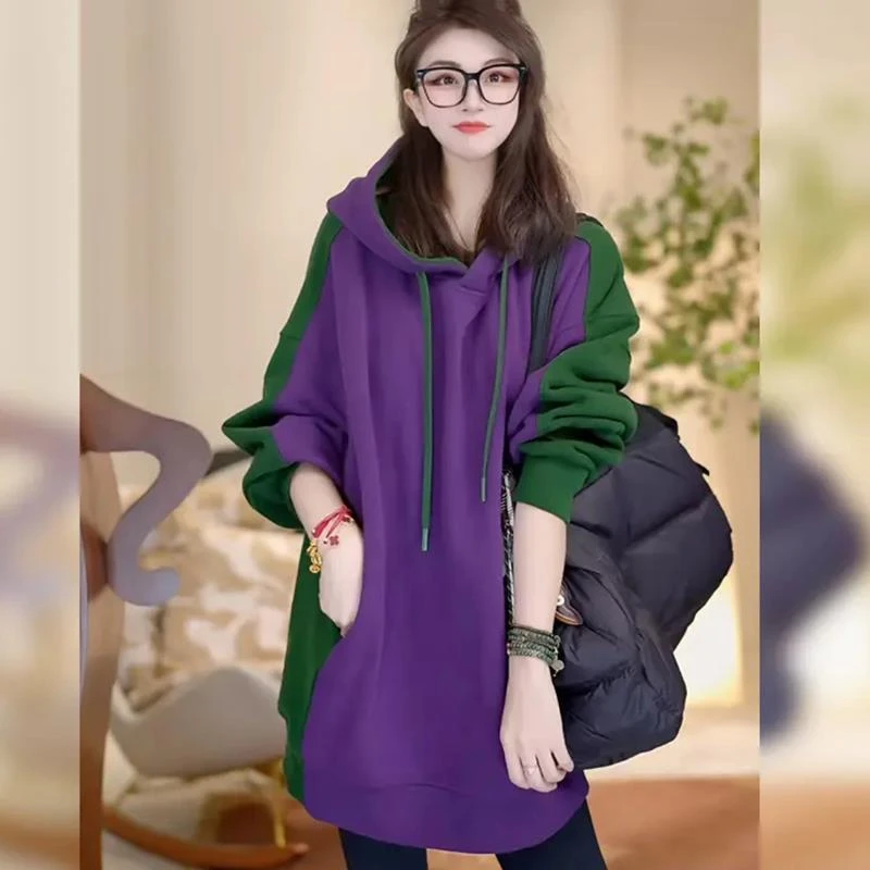 复古气质休闲时尚拼色连帽卫衣女秋冬宽松中长款长袖上衣冬季外套