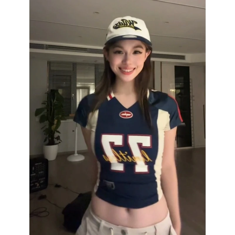 美式运动风藏青色球衣修身显瘦短款短袖T恤女夏季辣妹V领正肩上衣